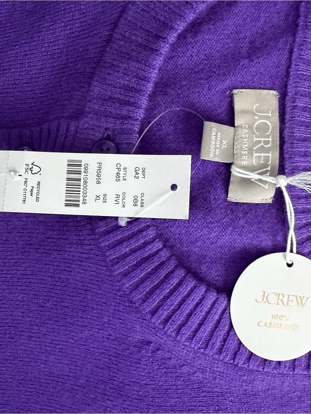 J.Crew 100% Cashmere Cardigan Sweater XL Purple NWT Classic Crewneck - Picture 5 of 10